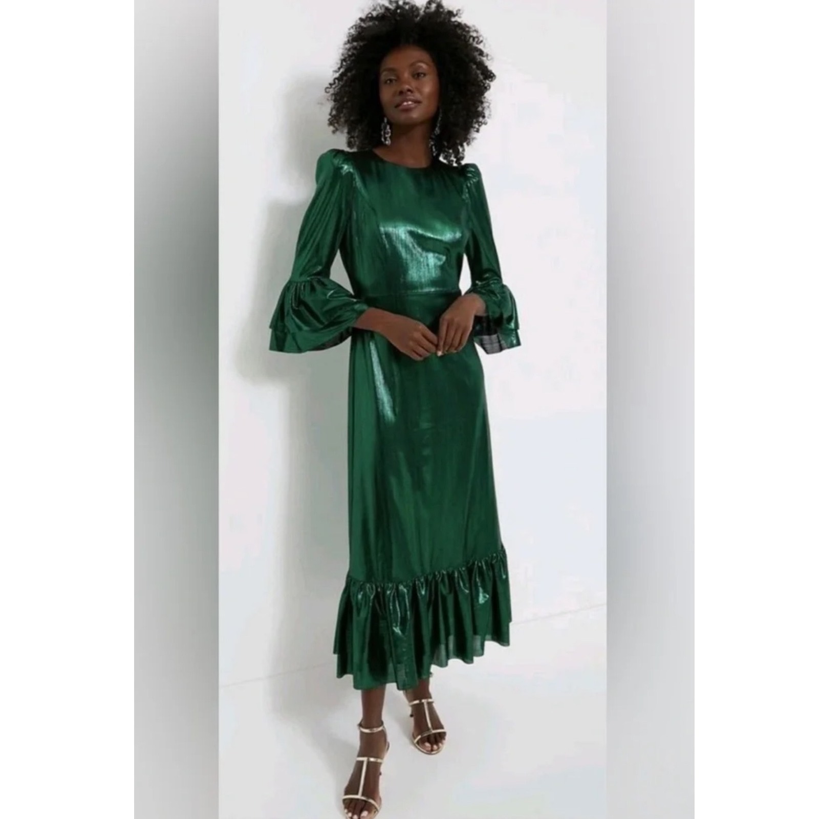 Pomander Place Lillith Emerald Green Metallic Ruffle Bell Sleeve Midi Dress Xs